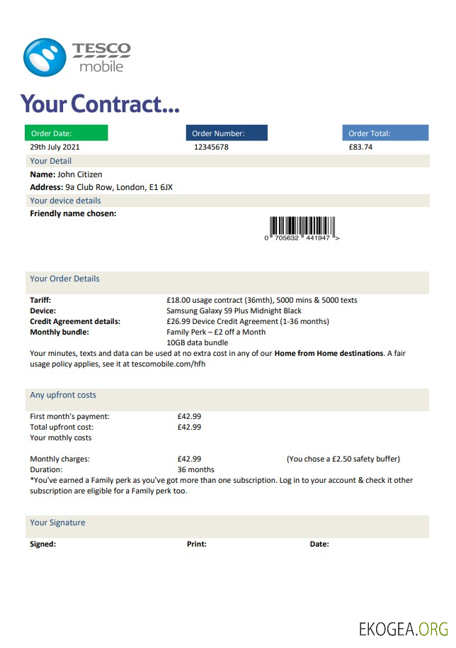 United Kingdom Tesco Mobile utility bill template in Word and PDF format